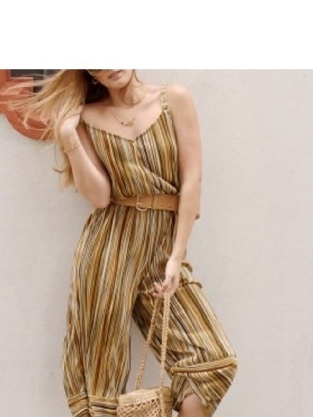 Zara Pleated Space Dye Wide-Leg Jumpsuit - Olive Brown Festival Boho Vibes Small